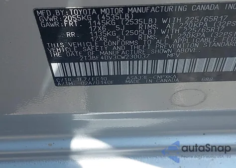 2012 Toyota Rav4 из США, поврежденный, VIN 2T3BF4DV3CW230037